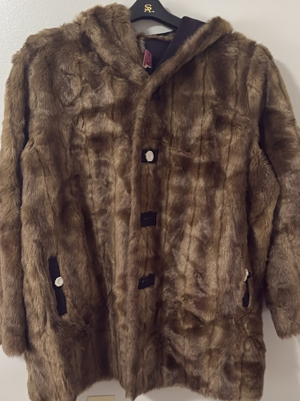 Barneys New York Brown Faux Fur Hooded Coat